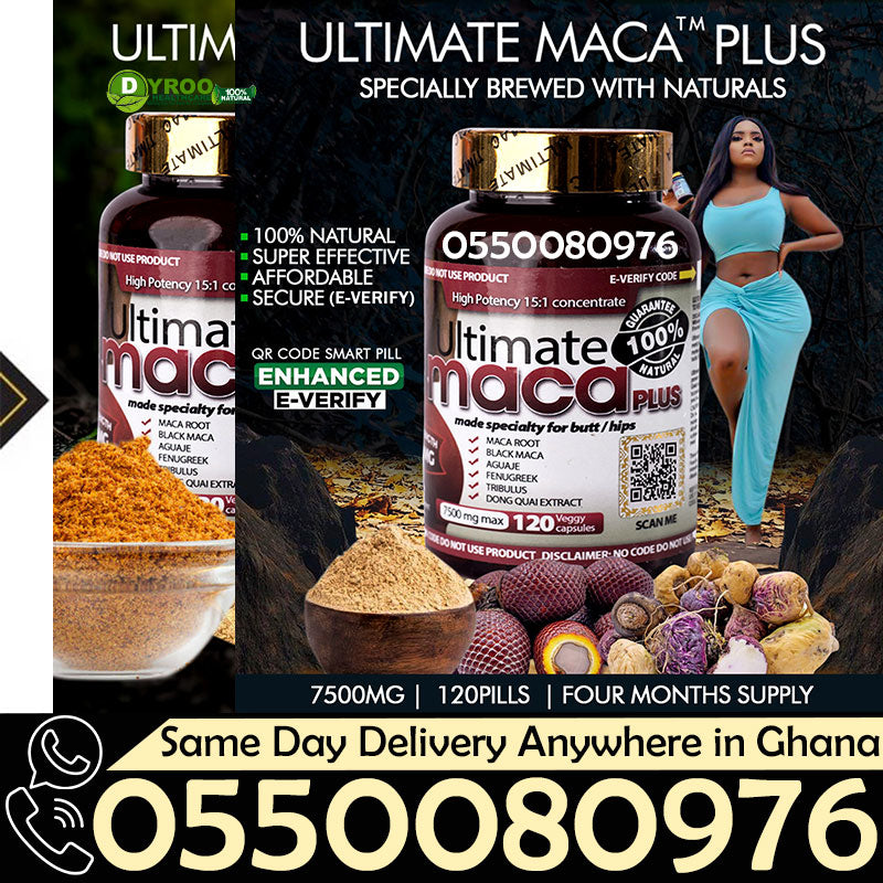 Dyroo Naturals Ultimate Maca Pills bottle with white capsules and label, placed on a clean white background.