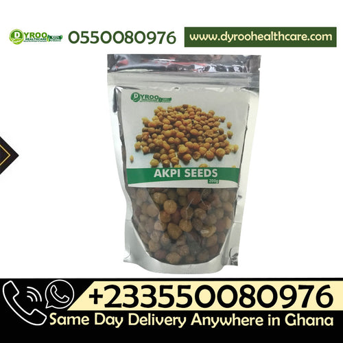 Raw organic Akpi seeds from Dyroo Naturals in a 200-gram package, showing small, dark seeds on a clean white background.