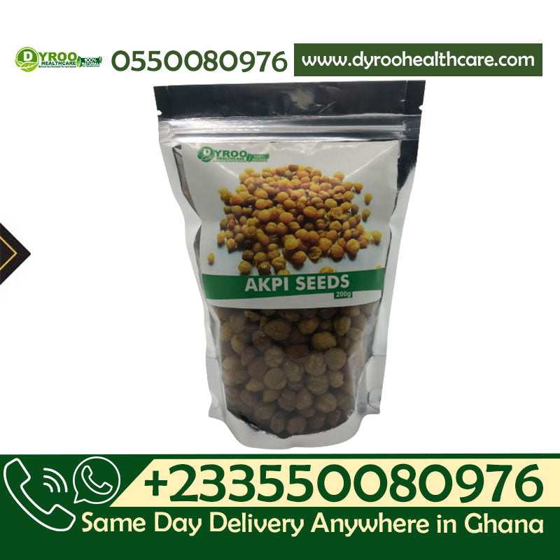 Raw organic Akpi seeds from Dyroo Naturals in a 200-gram package, showing small, dark seeds with a textured surface.