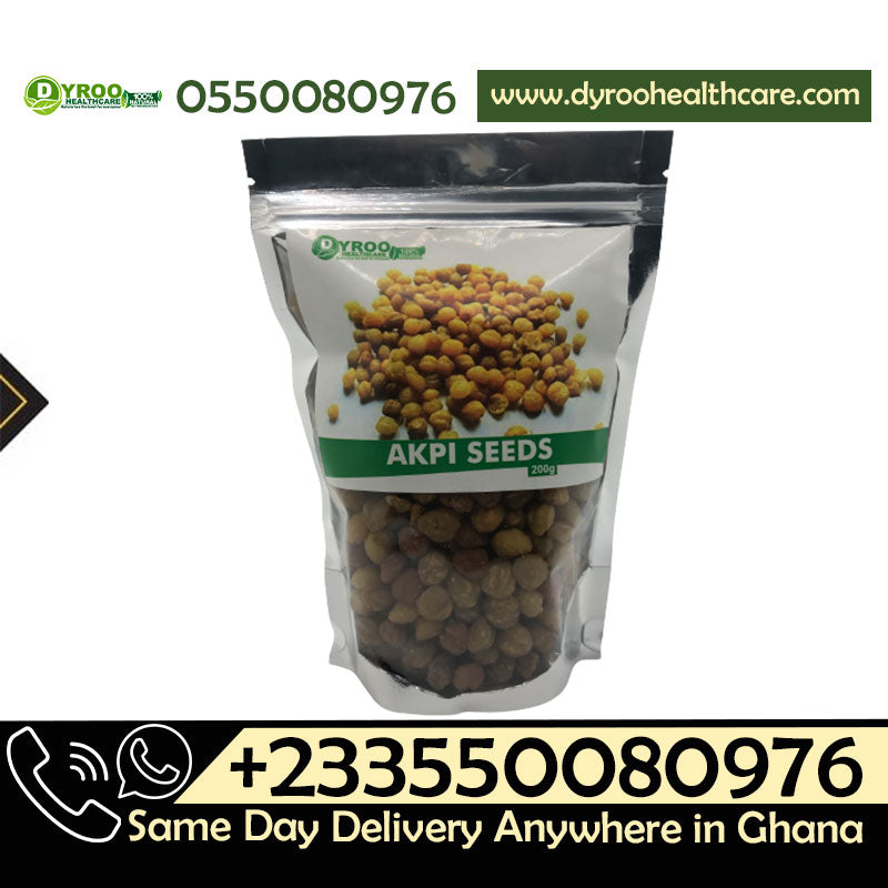 Raw organic Akpi seeds from Dyroo Naturals in a 200g package, showcasing the small, dark seeds on a clean background.