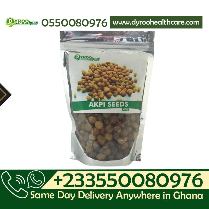 Raw organic Akpi seeds from Dyroo Naturals in a 200g package, showing small, brown, textured seeds on a white background.