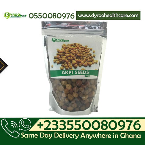 Raw organic Akpi seeds from Dyroo Naturals in a 200g package, showing small, brown, textured seeds on a white background.