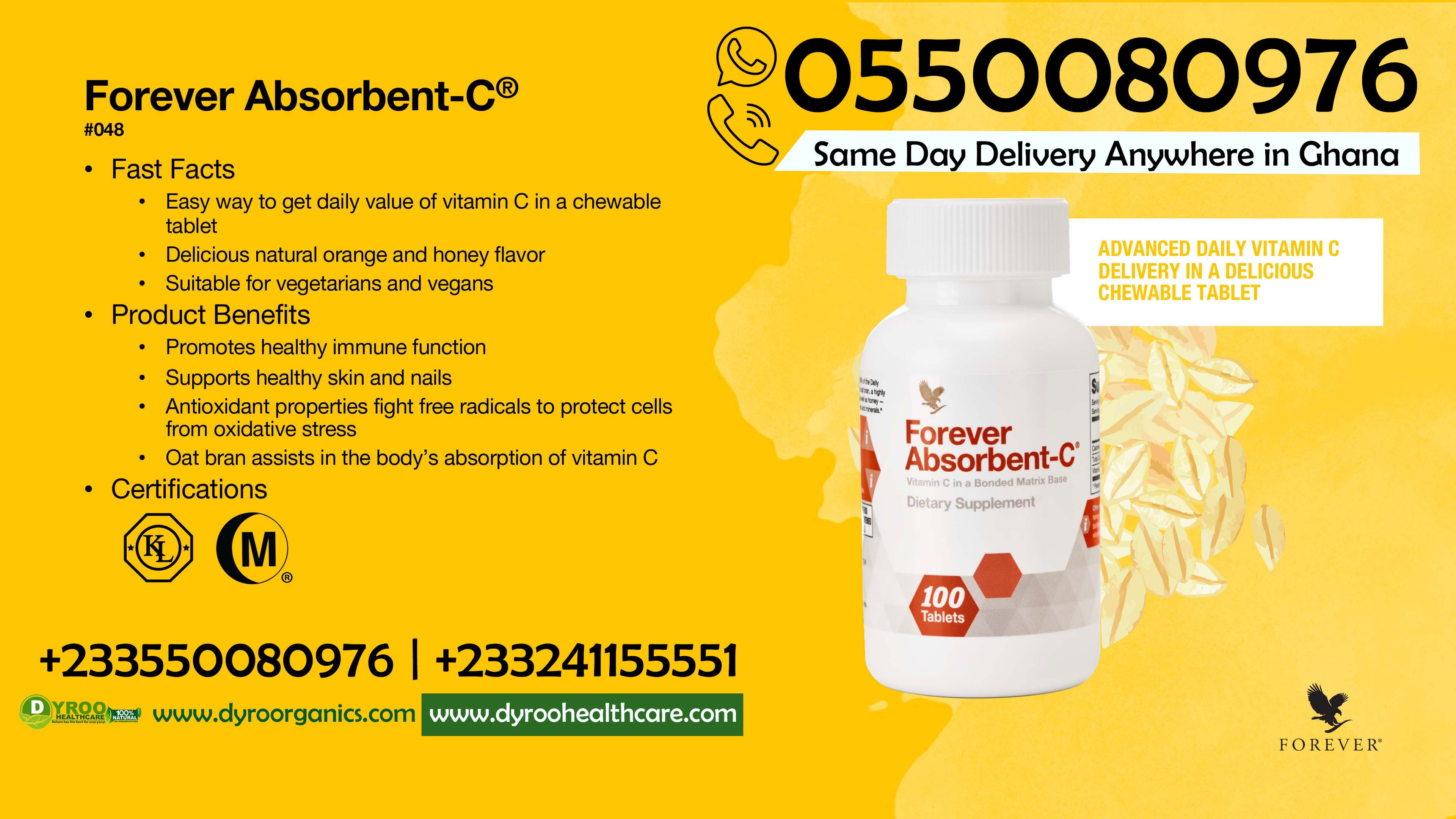 Dyroo Naturals Absorbent-C 100 tablets in a bottle, showing the packaging and tablets inside.