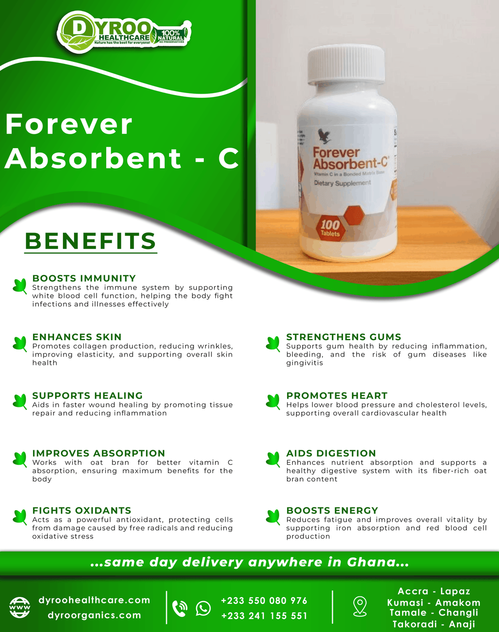 Dyroo Naturals Forever Absorbent C 100 tablets showing the bottle with tablets inside and label detail.