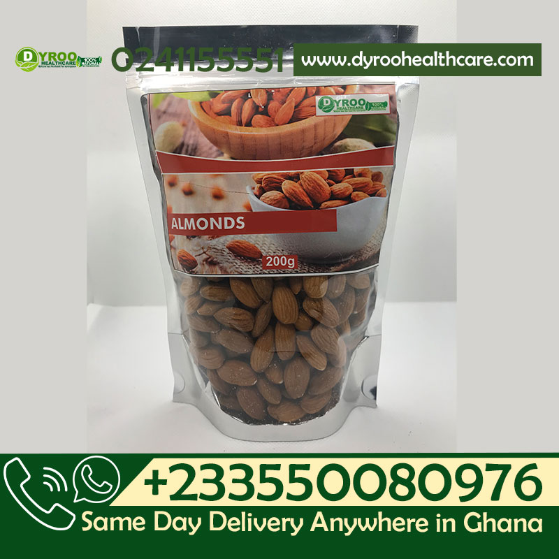 Raw Dyroo Naturals almonds nuts in a 200-gram packet, showing fresh, whole almonds with a light brown shell
