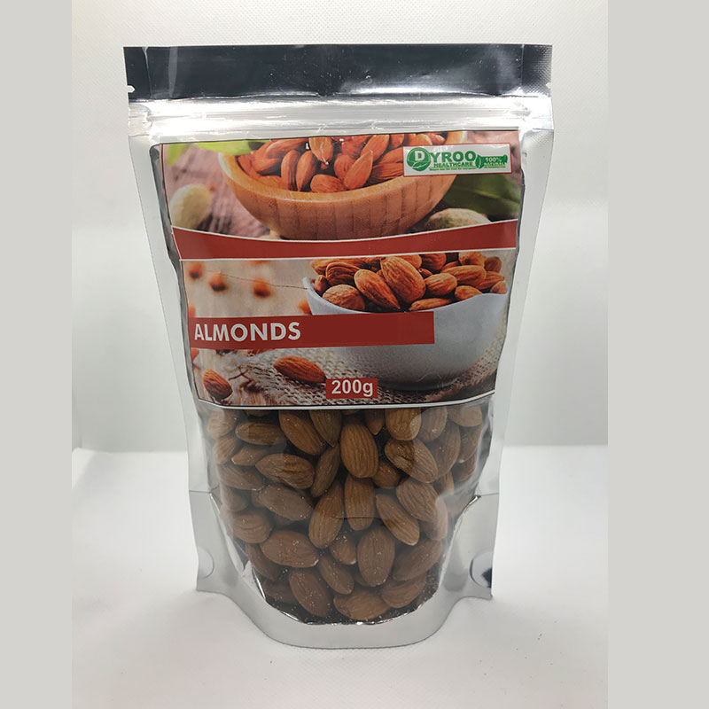 Raw almonds nuts from Dyroo Naturals in a 200-gram package, showcasing whole, natural almonds on a wooden surface.