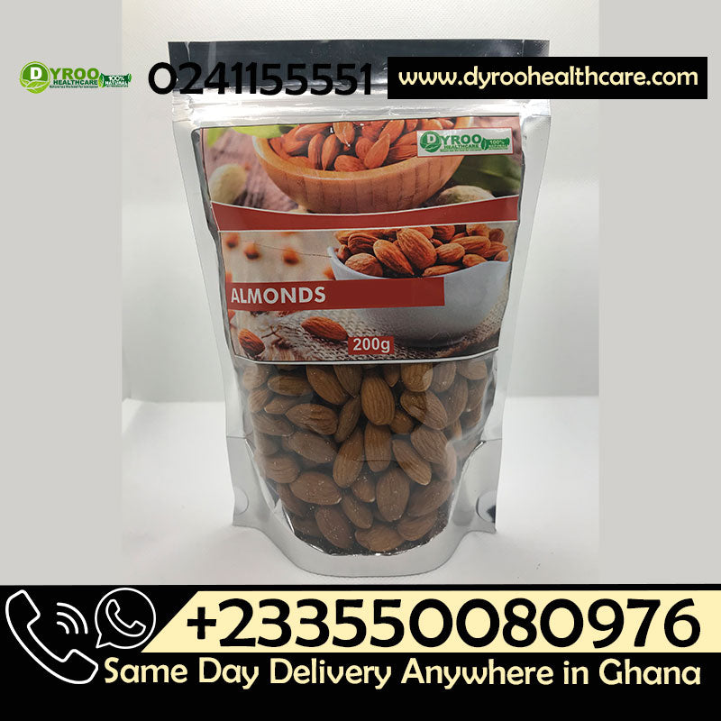 Raw Dyroo Naturals almonds nuts in a bowl, showcasing 200 grams of fresh, whole almonds on a neutral background.