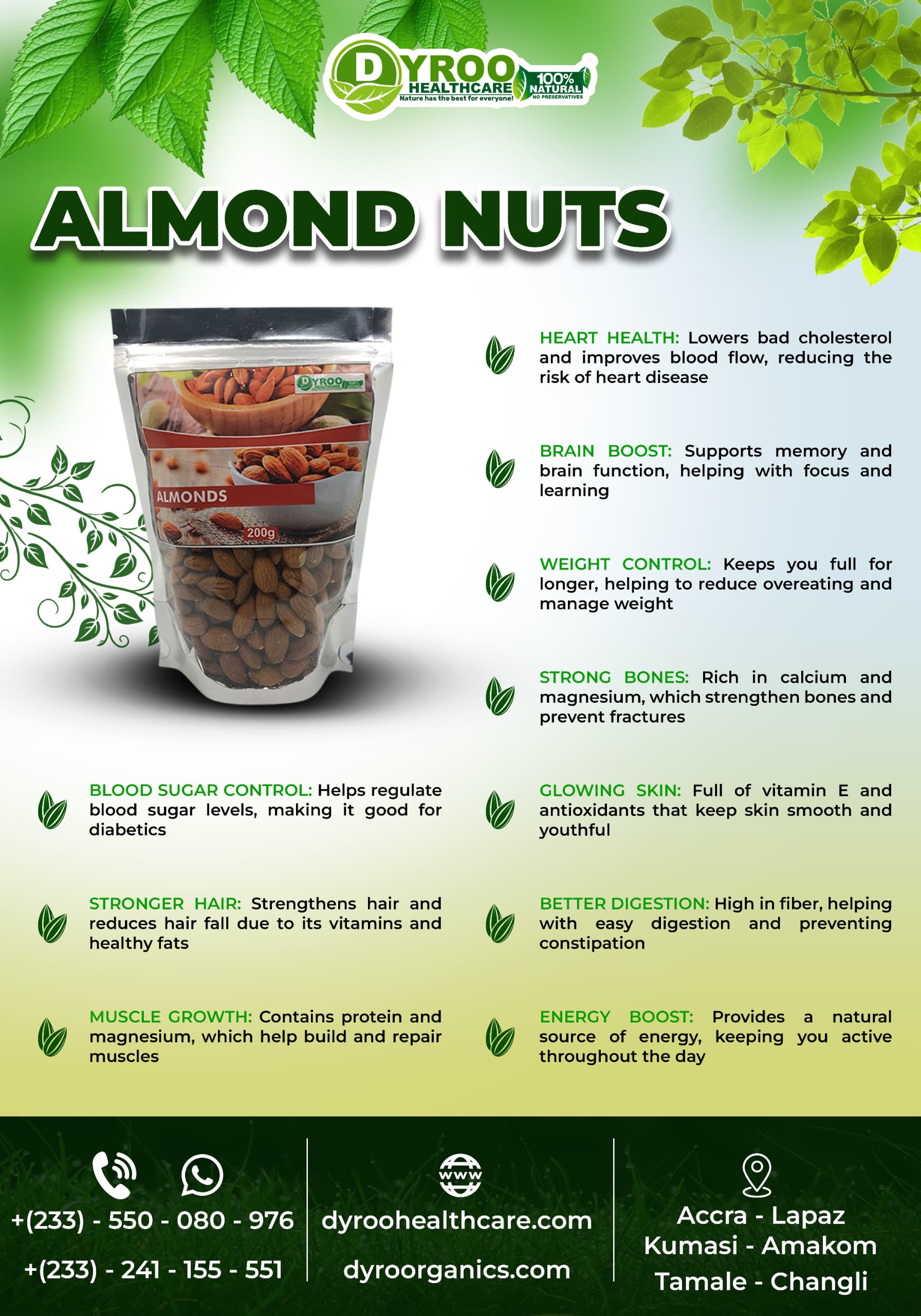 Organic raw almonds nuts in 200g pack by Dyroo Naturals, showcasing fresh, whole almonds with natural brown shells.