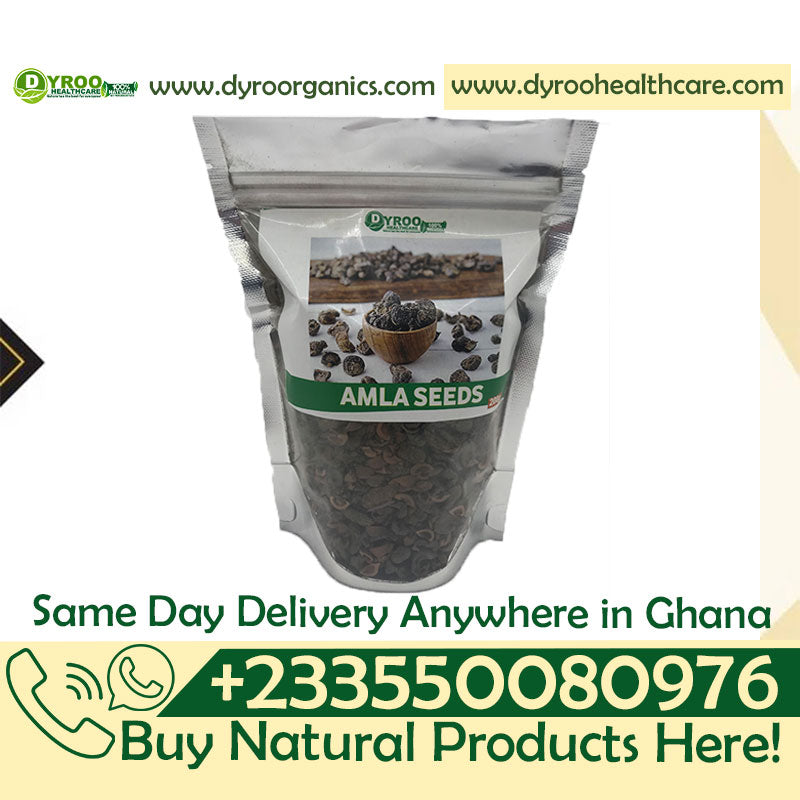Raw organic Amla seeds in a 200-gram pack from Dyroo Naturals, showing small, greenish seeds in a clear container.