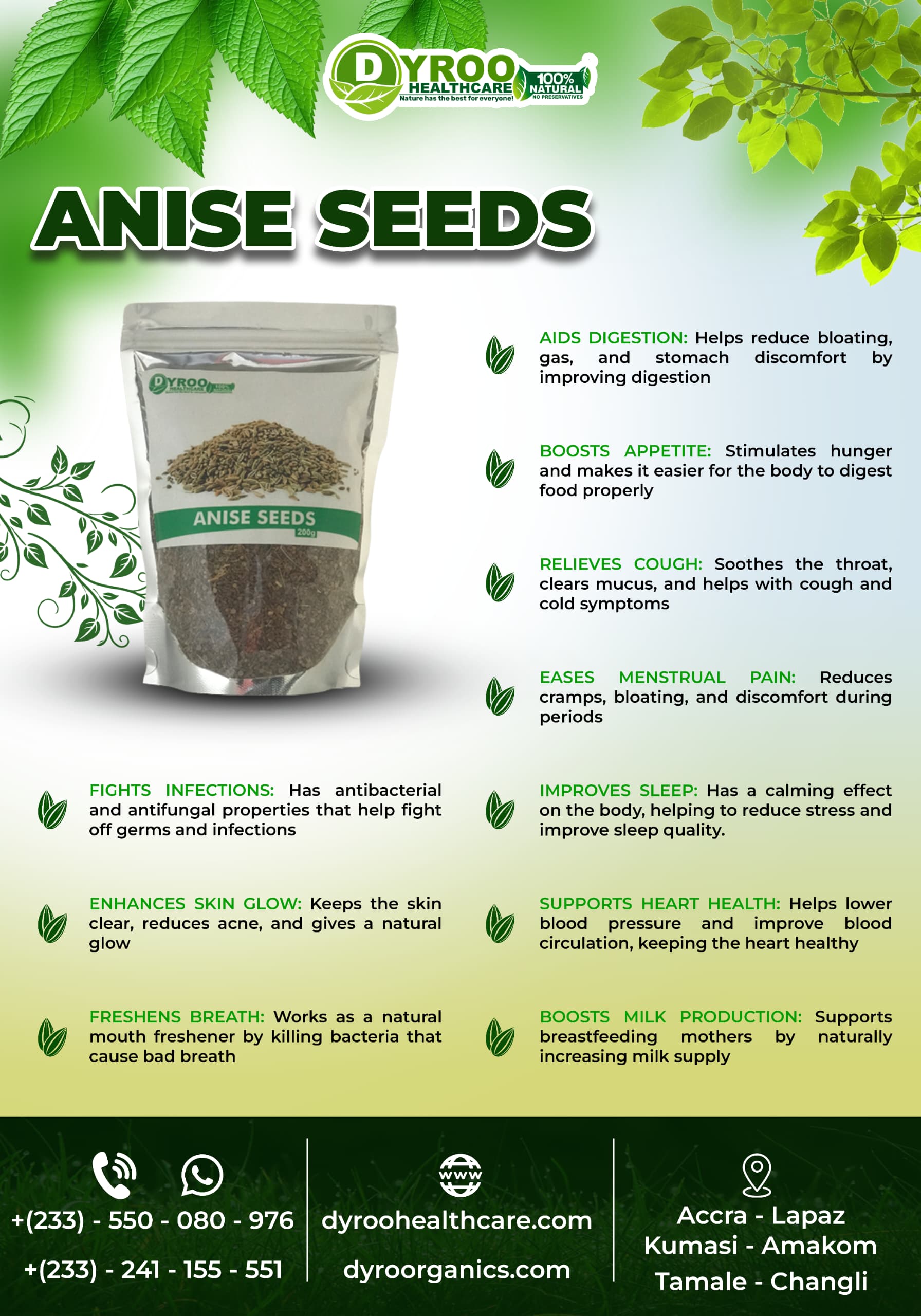 Organic Anise seeds from Dyroo Naturals, 200 grams, showing the small, aromatic seeds used in cooking and herbal remedies.