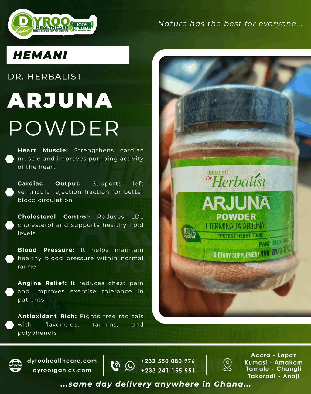 Organic Arjuna Powder by Dyroo Naturals in a 100g package, showing fine greenish herbal powder in a clear container.