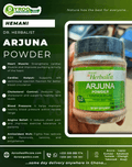 Organic Arjuna Powder by Dyroo Naturals in a 100g package, showing fine greenish herbal powder in a clear container.