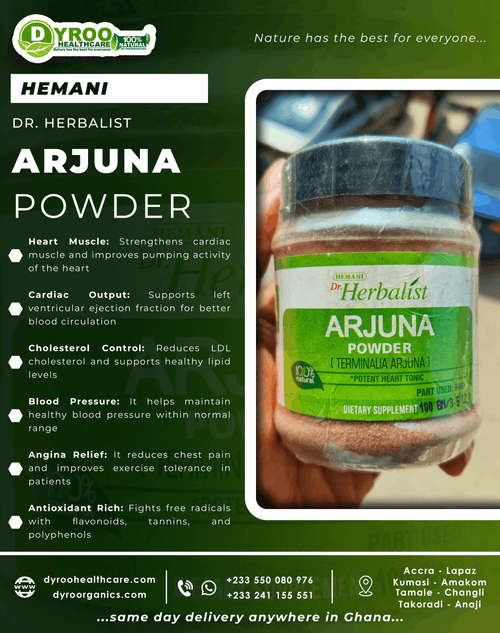 Organic Arjuna Powder by Dyroo Naturals in a 100g package, showing fine greenish herbal powder in a clear container.