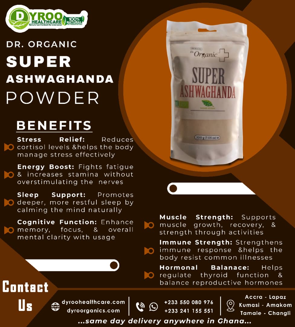 Organic Dyroo Naturals Ashwagandha Powder 200g in a clear container, showing the fine, earthy brown powder inside.