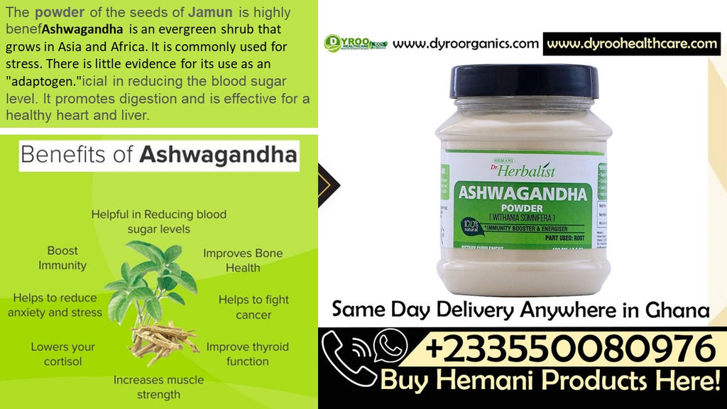 Organic Ashwagandha powder by Dyroo Naturals in a 100g package, showcasing the fine, earthy herbal powder for wellness use.
