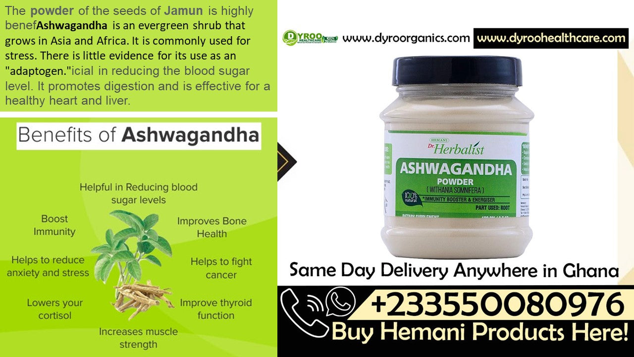 Organic Ashwagandha powder by Dyroo Naturals in a 100g package, showcasing the fine, earthy herbal powder for wellness use.