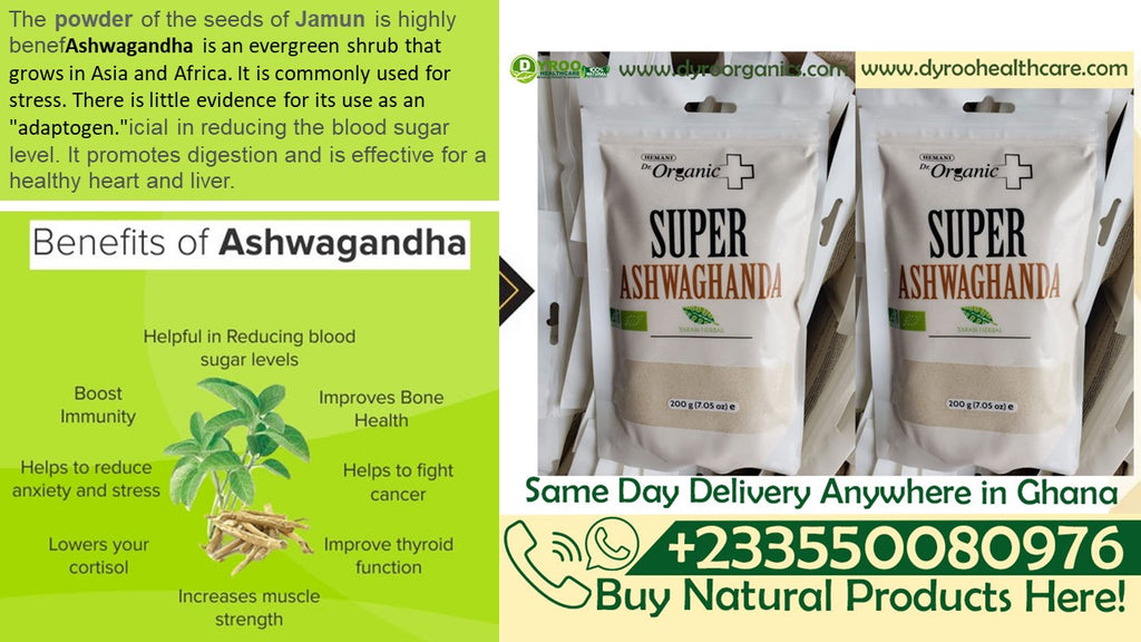 Organic Dyroo Naturals Ashwagandha Powder in a 200g bag, showcasing the finely ground herbal supplement for wellness.