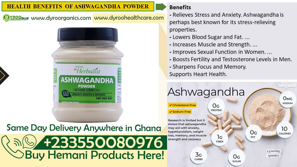Organic Ashwagandha powder by Dyroo Naturals in a clear container, showing the fine, brownish herbal powder on a white background.