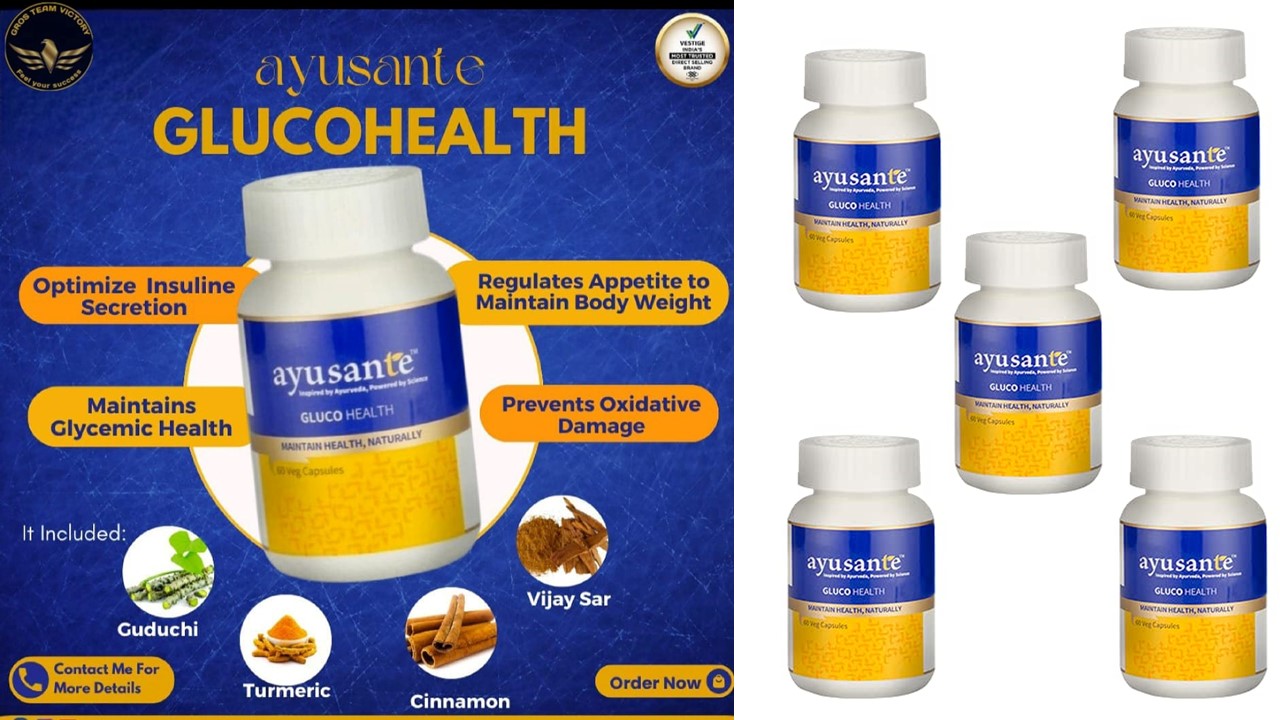 Ayusante Glucohealth natural vegetable capsules by Dyroo Naturals for blood sugar balance, shown in a bottle with capsules inside.