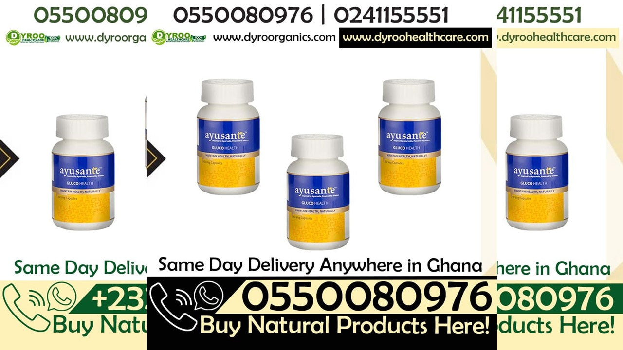 Ayusante Glucohealth natural vegan capsules for sugar balance by Dyroo Naturals, shown in a bottle with capsules.