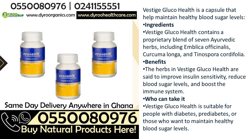 Ayusante Glucohealth natural vegan capsules for blood sugar balance by Dyroo Naturals, showing the capsule bottle and label.