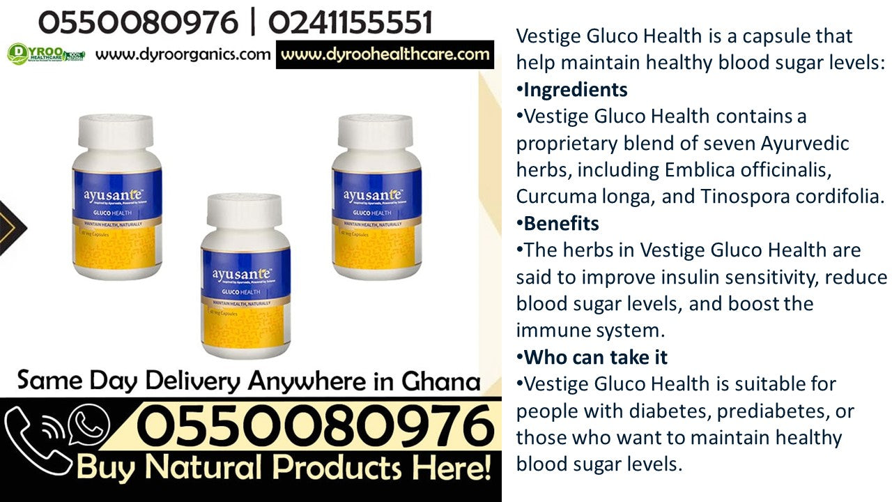Ayusante Glucohealth natural vegan capsules for blood sugar balance by Dyroo Naturals, showing the capsule bottle and label.