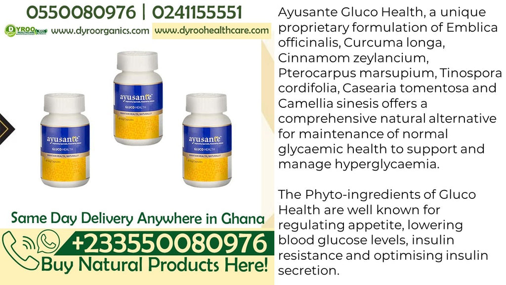 Ayusante Glucohealth natural vegan capsules for sugar balance by Dyroo Naturals, showing a bottle of supplement capsules.