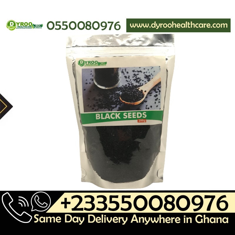 Raw organic black seeds from Dyroo Naturals in a clear glass bowl, showcasing small, shiny black seeds on a neutral background.