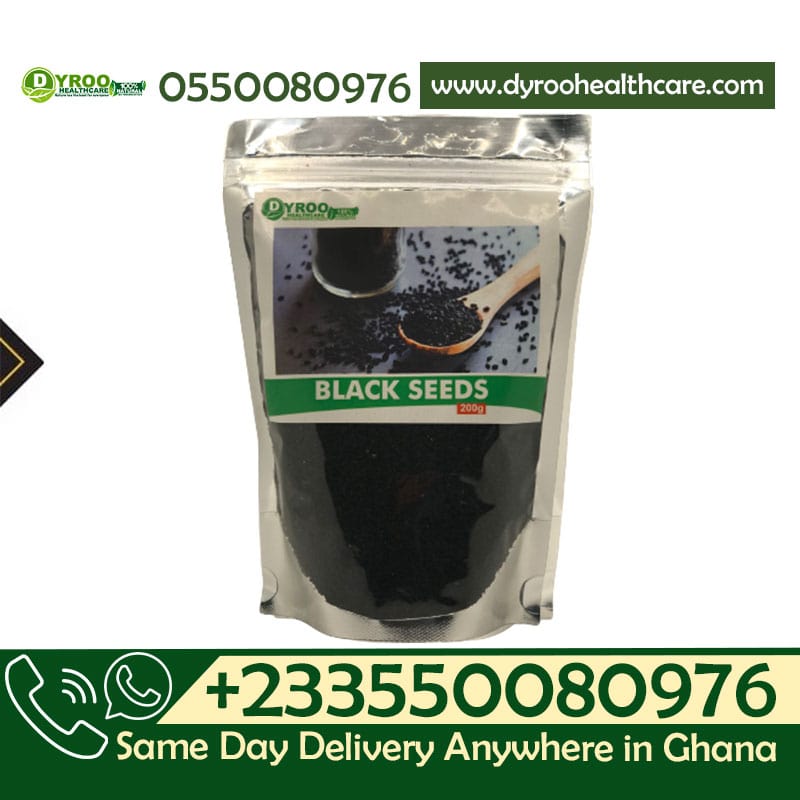 Raw organic black seeds in a 200g package from Dyroo Naturals, showing small black seeds in a clear container.