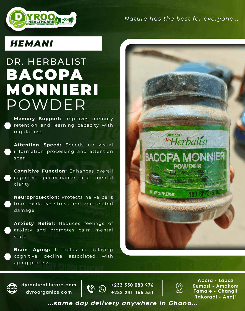 Organic Bacopa Monnieri powder in a clear plastic bag, showing fine green herbal powder from Dyroo Naturals.