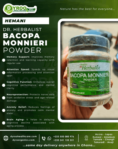 Organic Bacopa Monnieri powder in a clear plastic bag, showing fine green herbal powder from Dyroo Naturals.