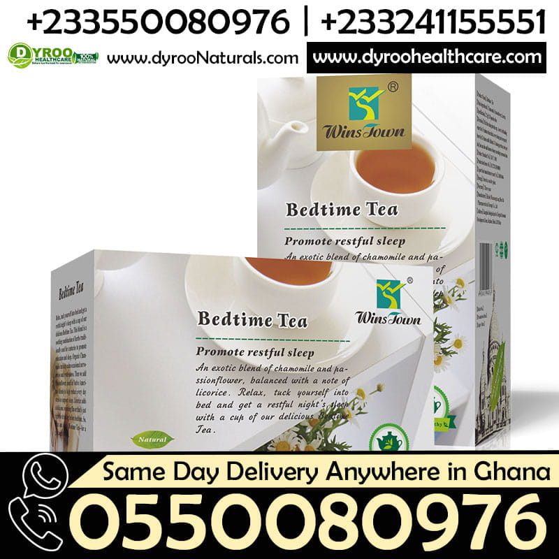 Bottle of Dyroo Naturals Wins Town Bedtime Tea with herbal ingredients, displayed in a clear glass cup on a cozy setting.