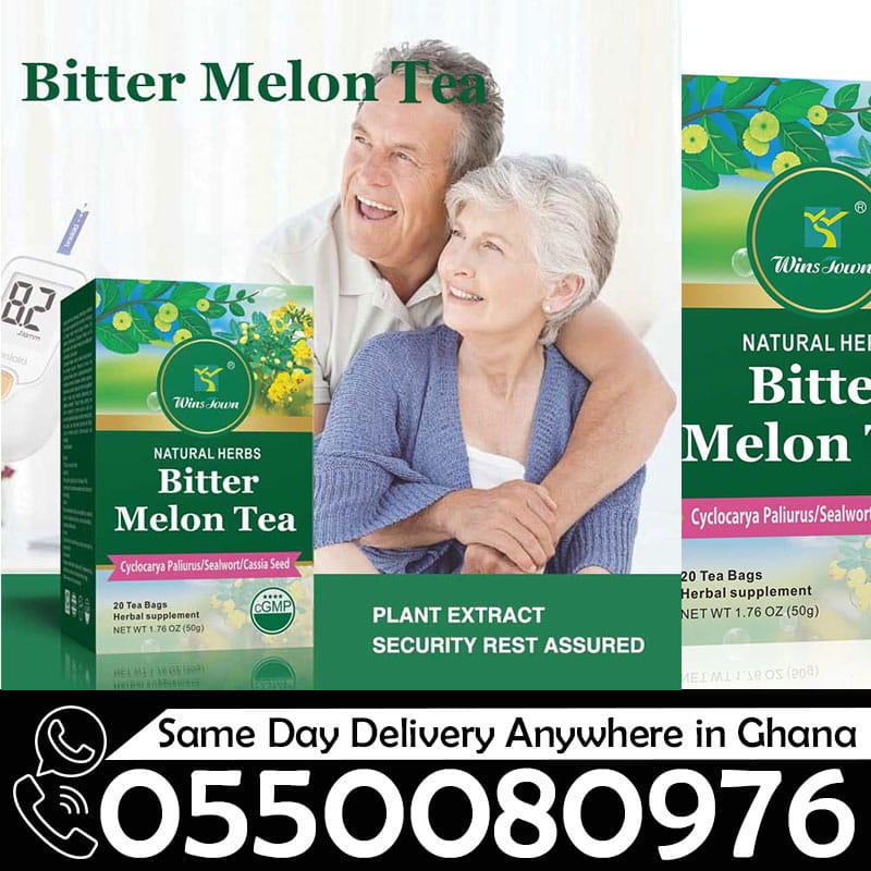 Dyroo Naturals Wins Town Bitter Melon Tea in a glass cup, showing fresh bitter melon slices and brewed tea with a vibrant green color.
