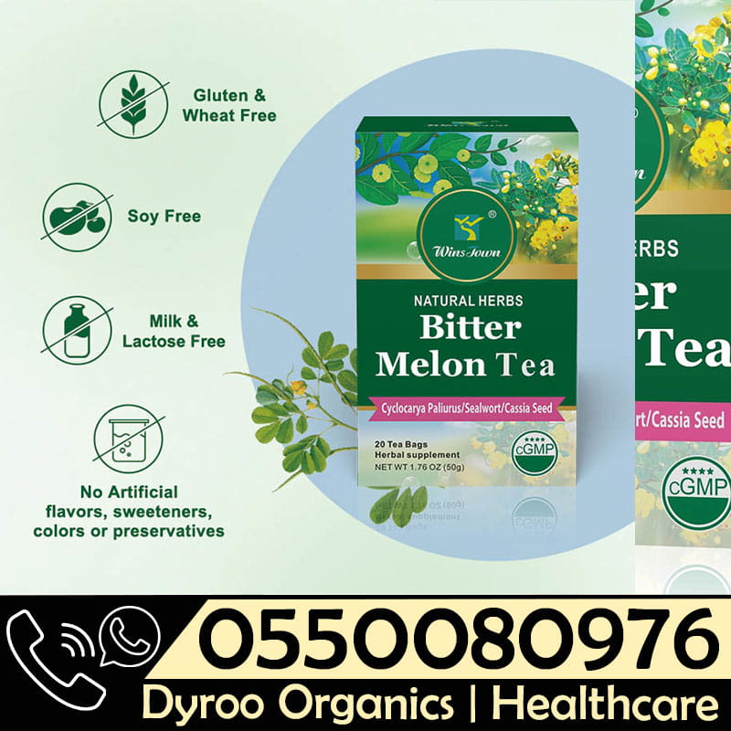 Dyroo Naturals Wins Town Bitter Melon Tea in a clear glass cup, showcasing sliced bitter melon and brewed tea with fresh leaves.