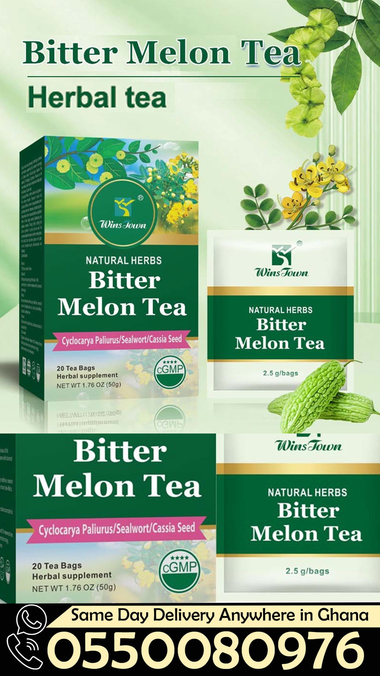 Dyroo Naturals Wins Town Bitter Melon Tea in a glass cup, showing fresh bitter melon slices and brewed tea on a white background.