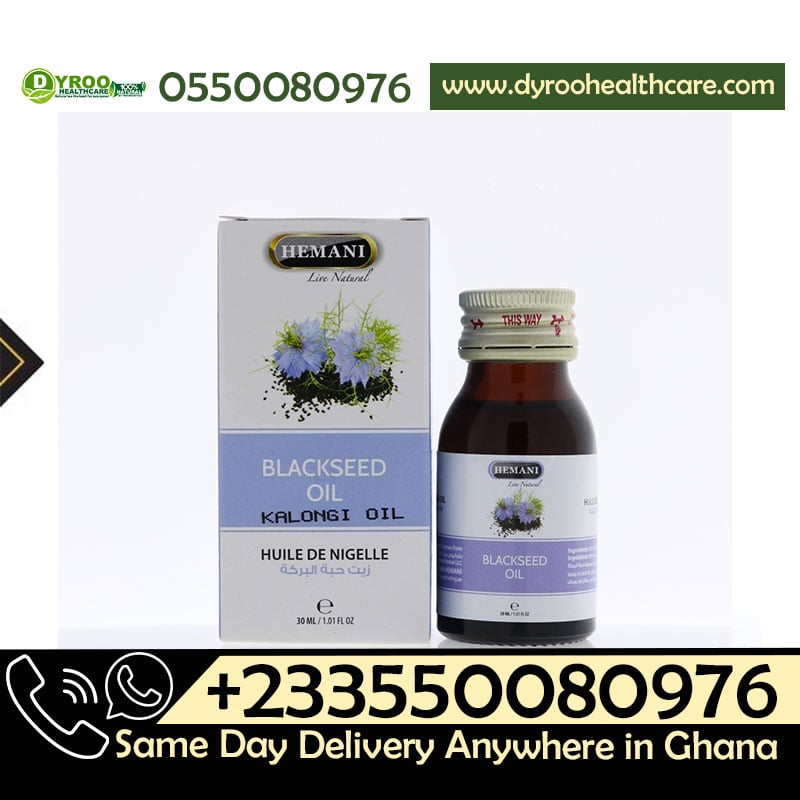 Dyroo Naturals Hemani blackseed oil in a 30ml glass bottle, natural oil with black seeds visual on the label