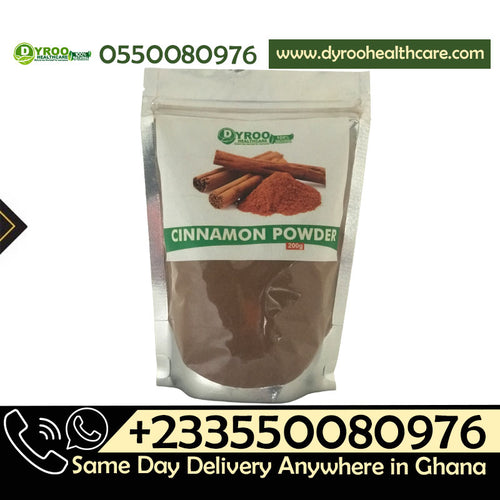 Organic cinnamon powder in a glass jar, showing the rich brown color and fine texture of Dyroo Naturals' 200g raw cinnamon powder.