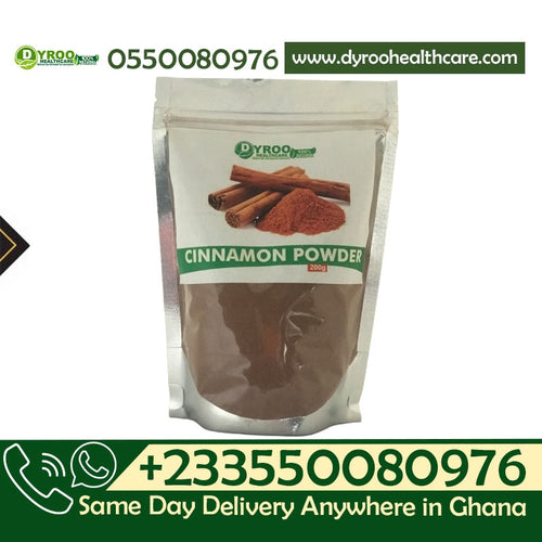 Organic cinnamon powder in a jar, Dyroo Naturals raw cinnamon spice, 200 grams, close-up of the fine brown cinnamon powder.