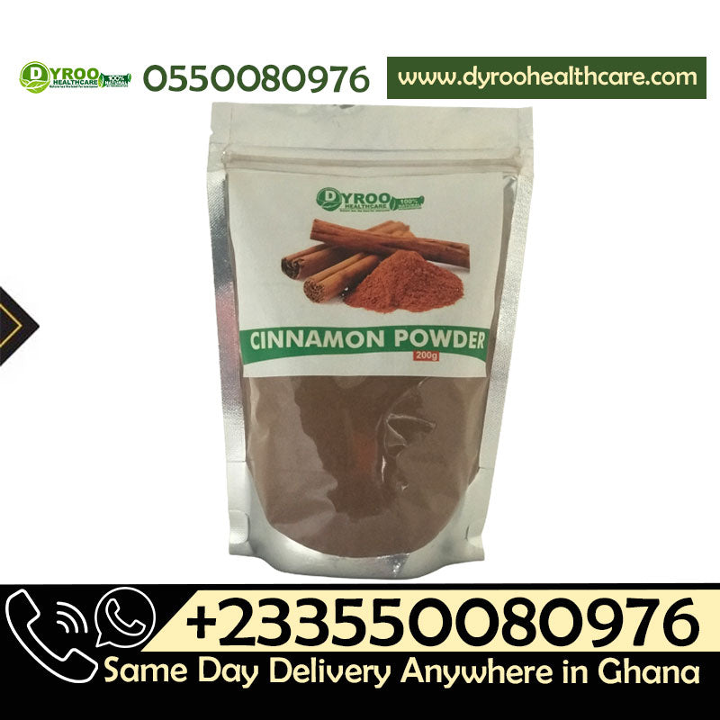 Organic cinnamon powder in a clear jar, showing fine brown spice, from Dyroo Naturals, 200 grams.