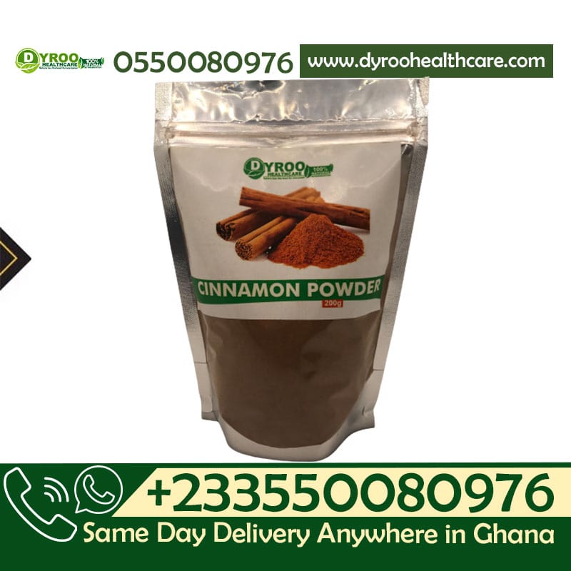 Organic cinnamon powder from Dyroo Naturals in a clear jar, showing fine ground cinnamon on a white background.