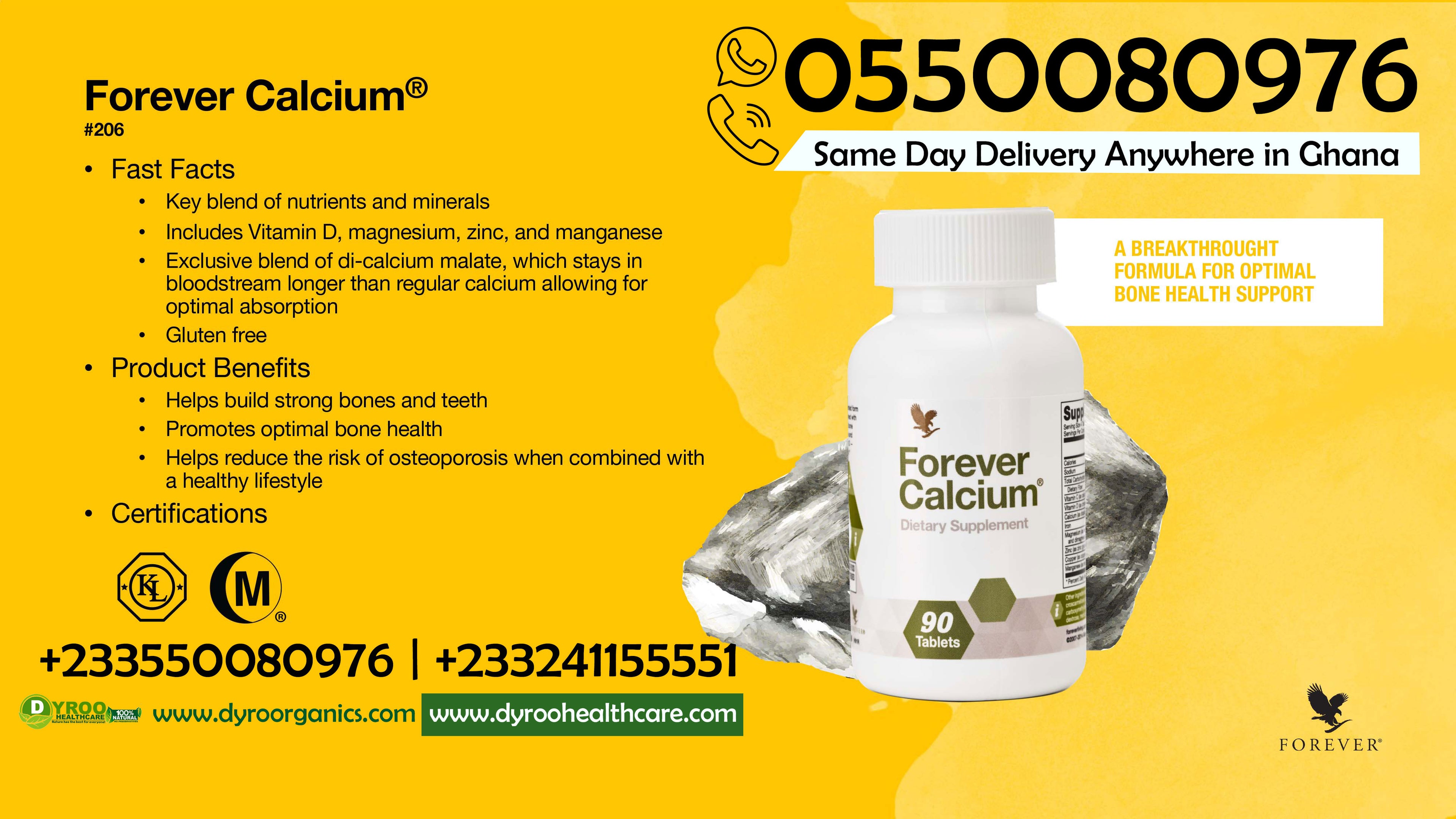 Dyroo Naturals Forever Calcium 90 tablets shown in a bottle, featuring white calcium tablets on the label.