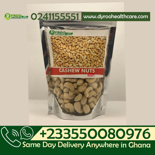 Raw Cashew Nuts from Dyroo Naturals, 200 grams, showing fresh, light-colored cashew nuts in a clear bowl.
