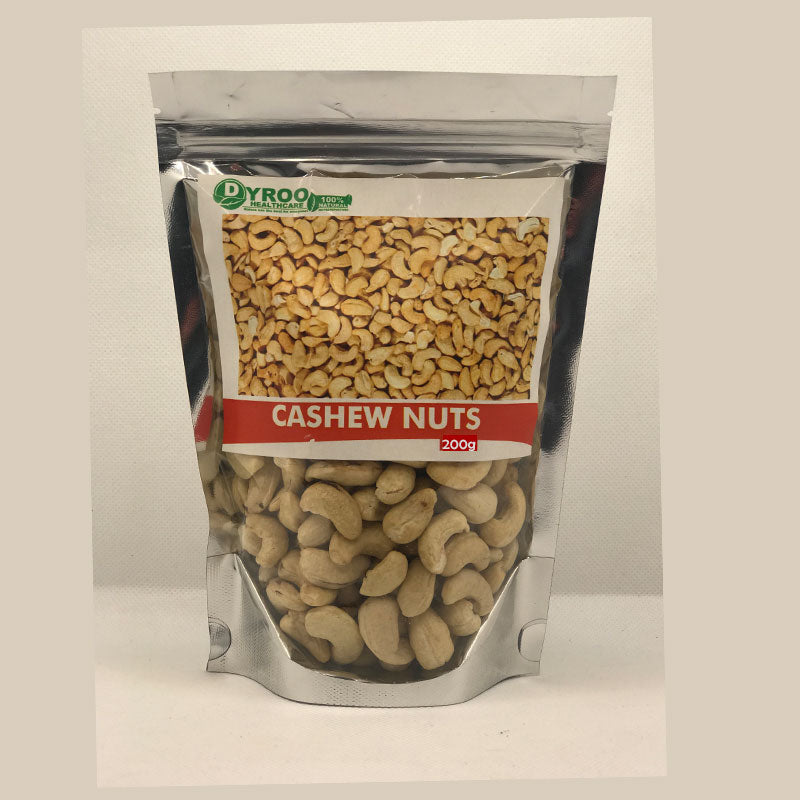 Raw Dyroo Naturals cashew nuts in a 200-gram package, showcasing fresh, whole cashew nuts ready for snacking or cooking.
