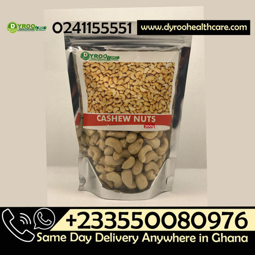 Raw Dyroo Naturals cashew nuts in a 200-gram package, showing whole, raw cashew nuts with their curved shape and light color.