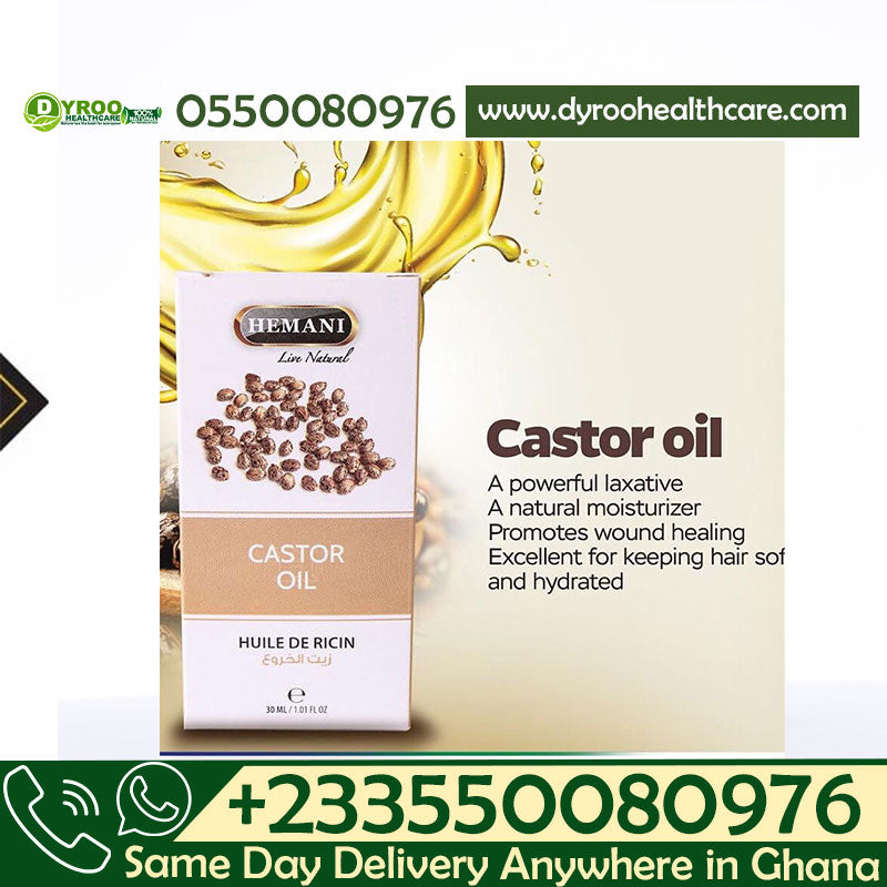 Dyroo Naturals Hemani castor oil in a 30ml bottle, natural oil for skin and hair care, with a clear view of the product container.