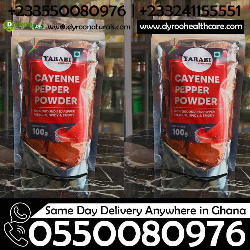 Organic cayenne pepper powder in a 100g package by Dyroo Naturals, showing bright red cayenne chili peppers and spice in a clear jar.