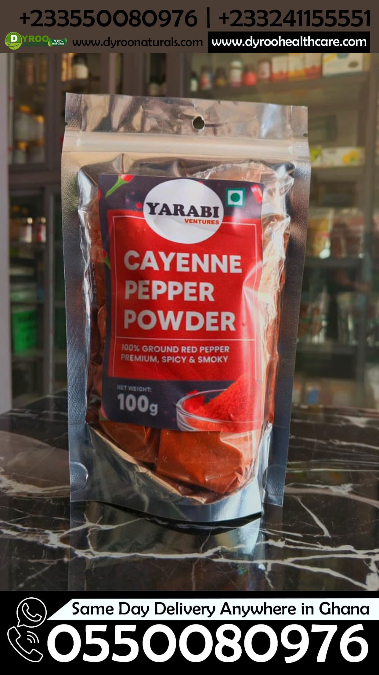 Raw organic cayenne pepper powder in a 100g package by Dyroo Naturals, showing vibrant red cayenne pepper powder in a jar.