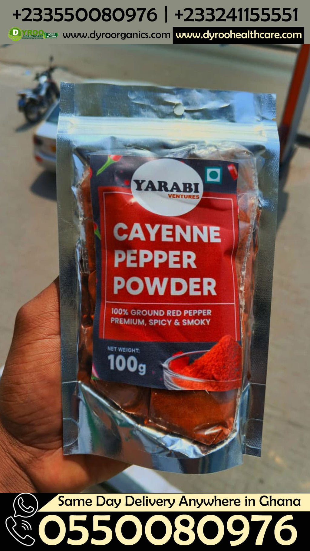 Organic cayenne pepper powder in a 100g package by Dyroo Naturals, showing bright red ground cayenne peppers.
