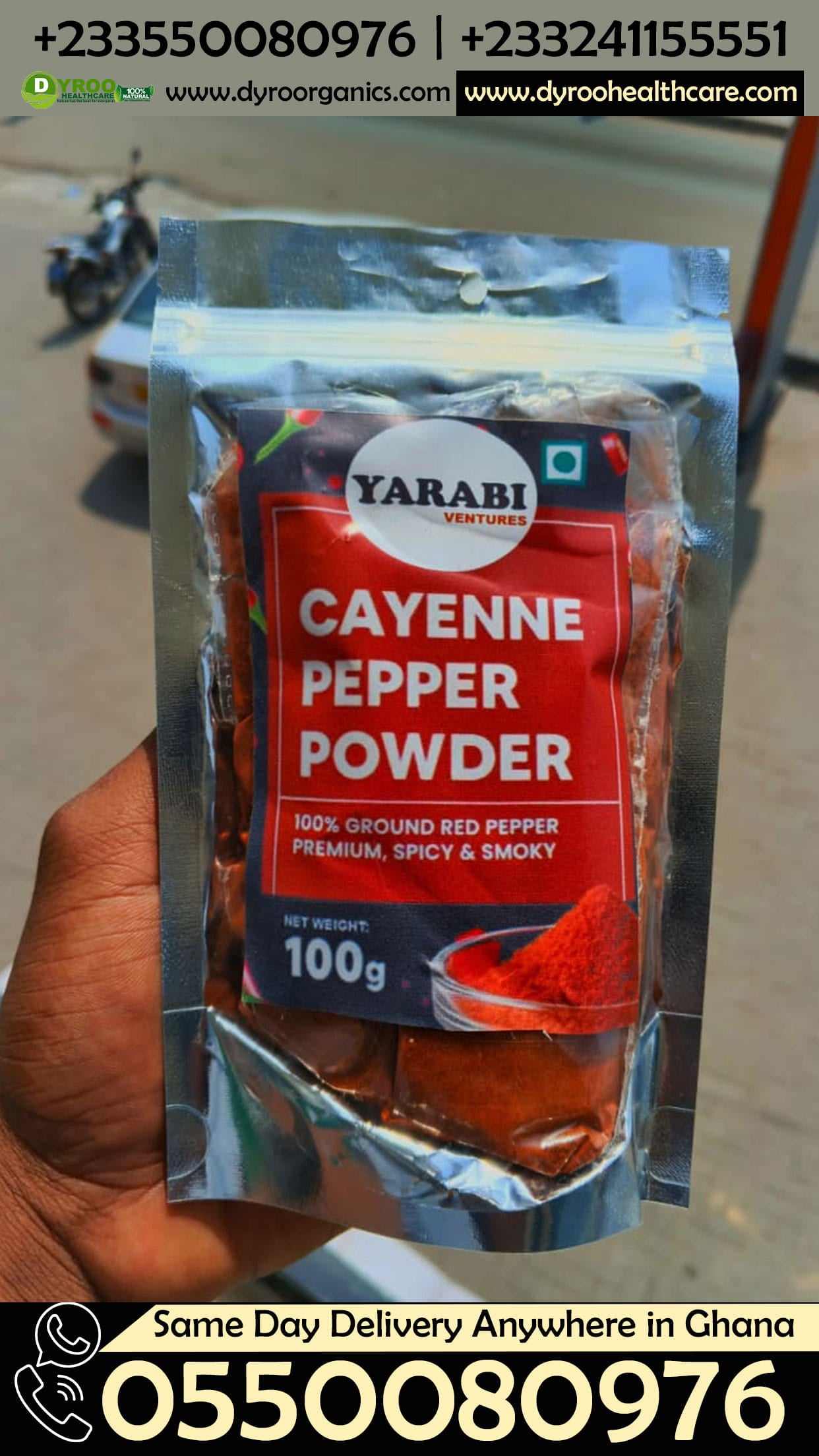 Organic cayenne pepper powder in a 100g package by Dyroo Naturals, showing bright red ground cayenne peppers.