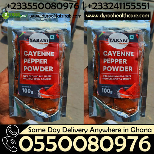 Raw organic cayenne pepper powder in a 100g package from Dyroo Naturals, shown in a clear image of the vibrant red spice.